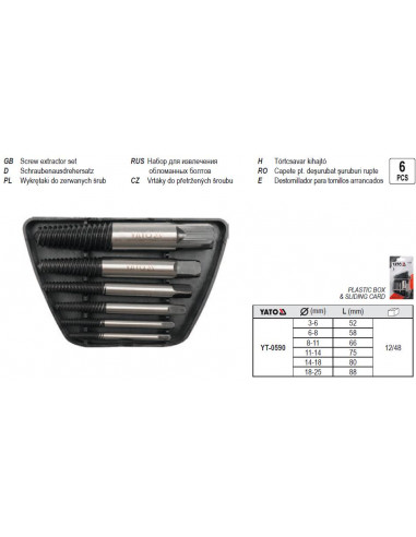Набір екстракторів YATO: М3-М25 мм, N°1-6. для зламаних гвинтів. 6 од