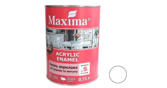 Емаль акрилова для дерева та металу Maxima Acrylic Enamel  0.75л, біла глянцева