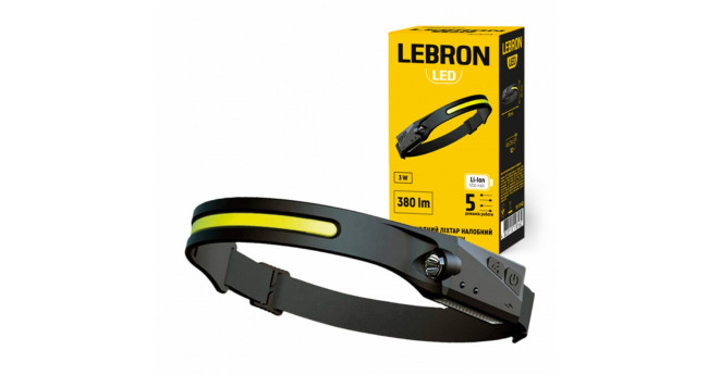 LED ліхтар налобний LEBRON L-HL-10157, ABS+силікон, 3W, 6500K, Li-Ion 1200mAh, чорний, шнур USB