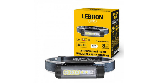 LED ліхтар налобний LEBRON L-HL-10262, ABS+алюміній, 3W, 10000K, Li-Ion 600mAh , шнур Type-C/USB