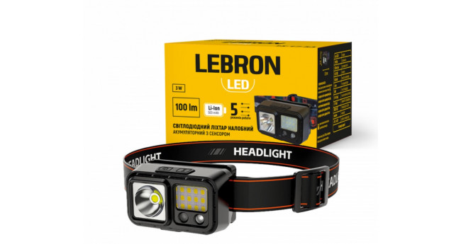 LED ліхтар налобний LEBRON L-HL-11225, ABS, 3W, 6500K, Li-Ion 500mAh, чорний, шнур USB